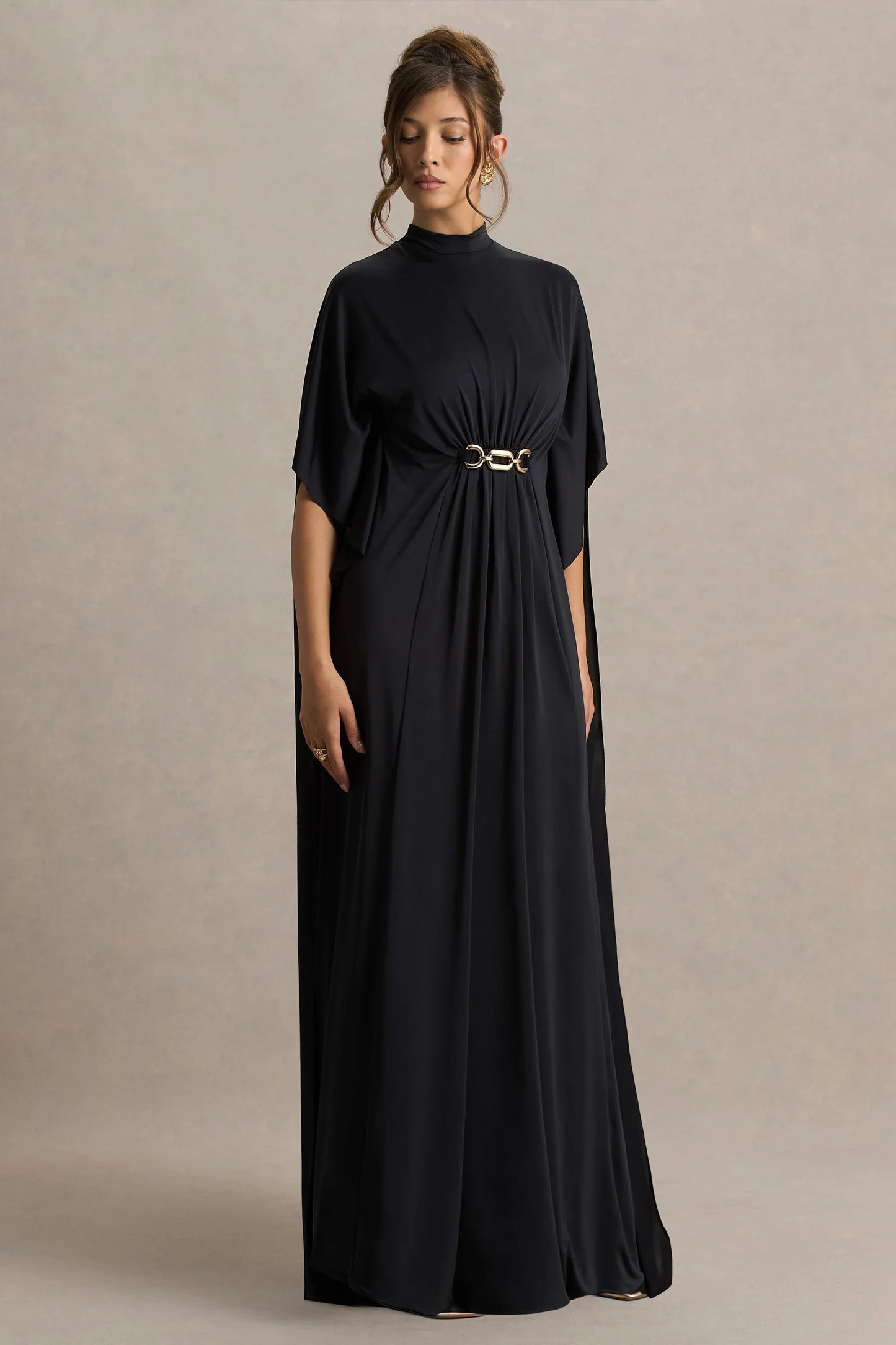 Olessia Black Belted Gathered Cape Sleeve Maxi Dress