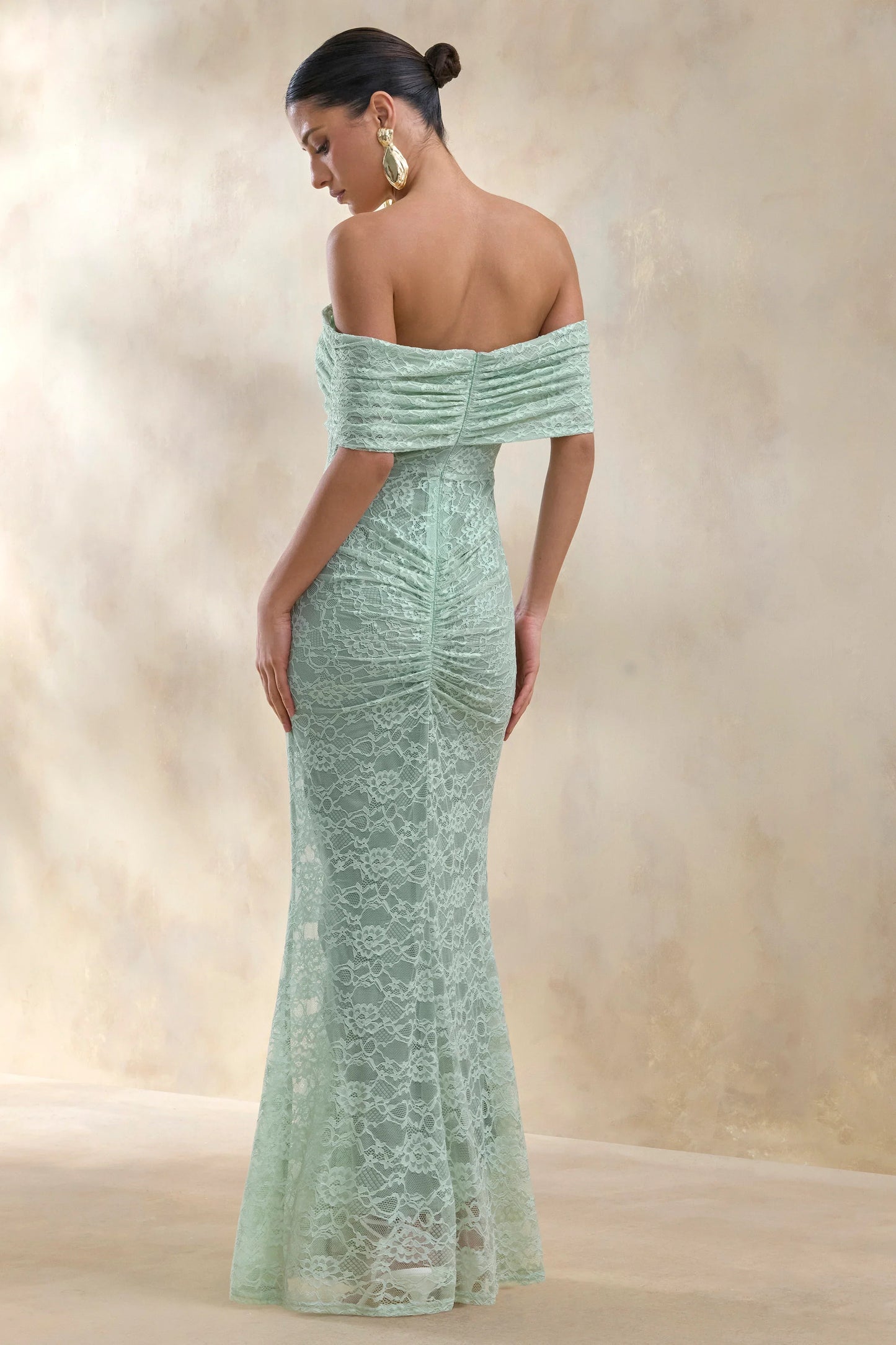 Elinor Sage Lace Bardot Neck Maxi Dress With Gathered Detailing
