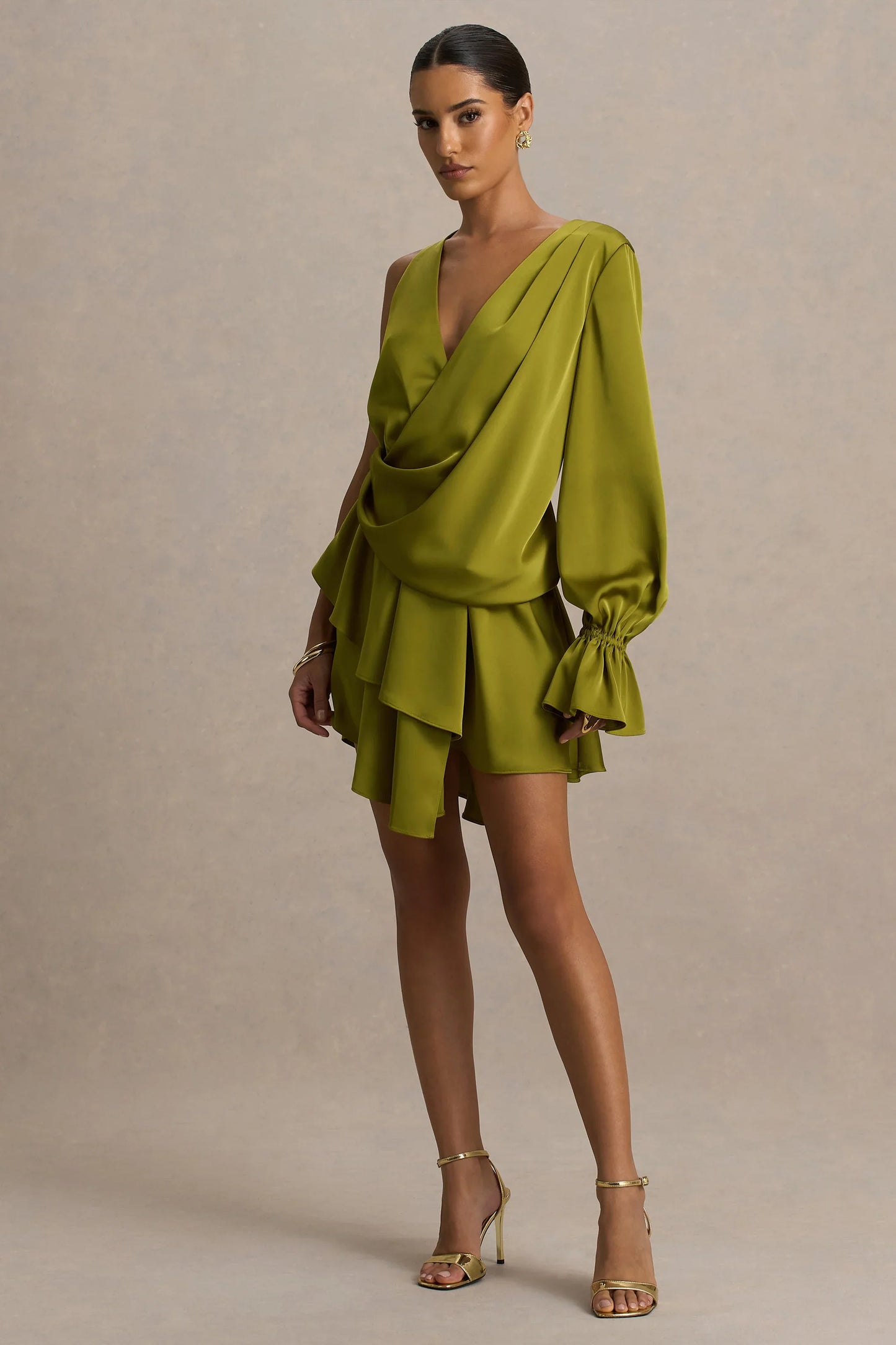 Cara Olive Satin Plunge Neck Micro Mini Dress With Long Sleeve
