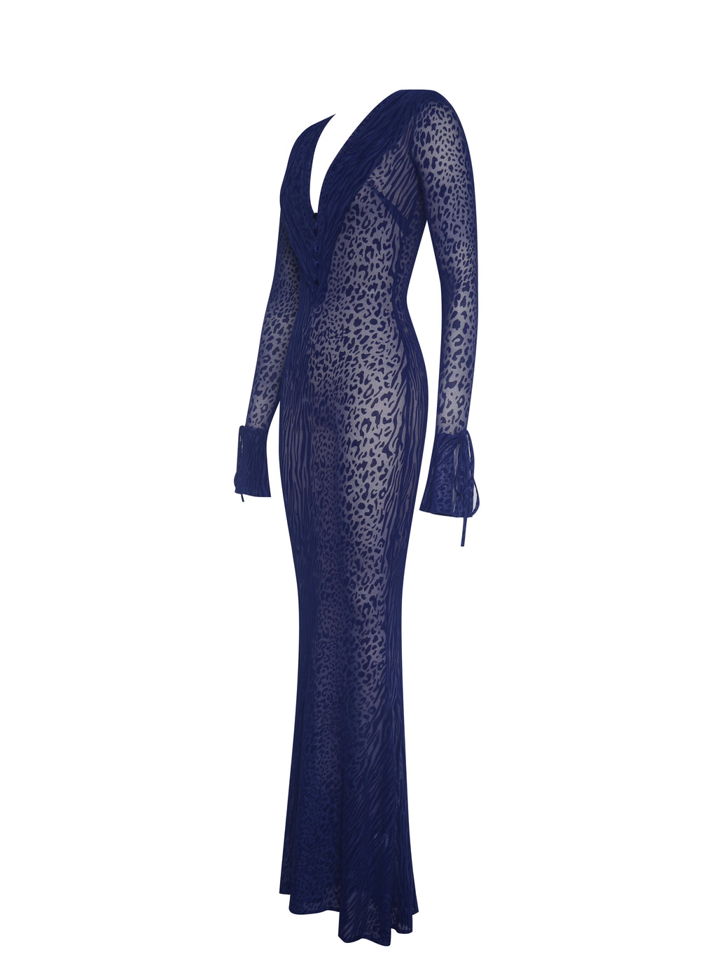 Ilyse Navy V Neck Plunge Animal Print Mermaid Hem Maxi Dress