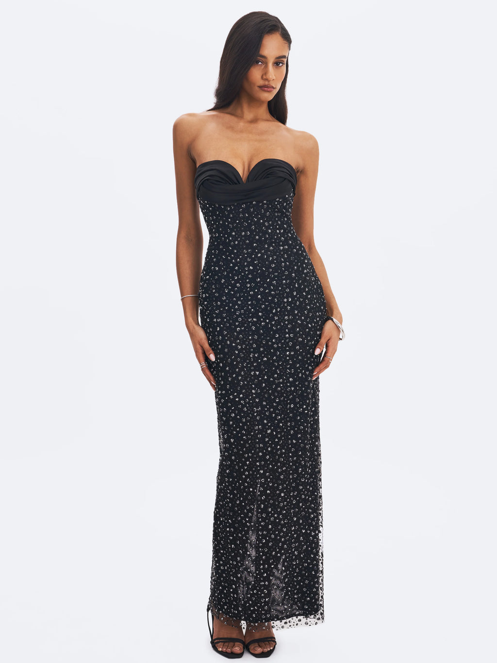 Preslie Black Satin Crystal Mesh Sheath Maxi Dress