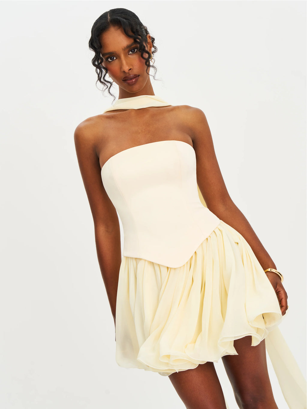 Valentina Butter Yellow Boned Curve Edge Peplum Mini Dress