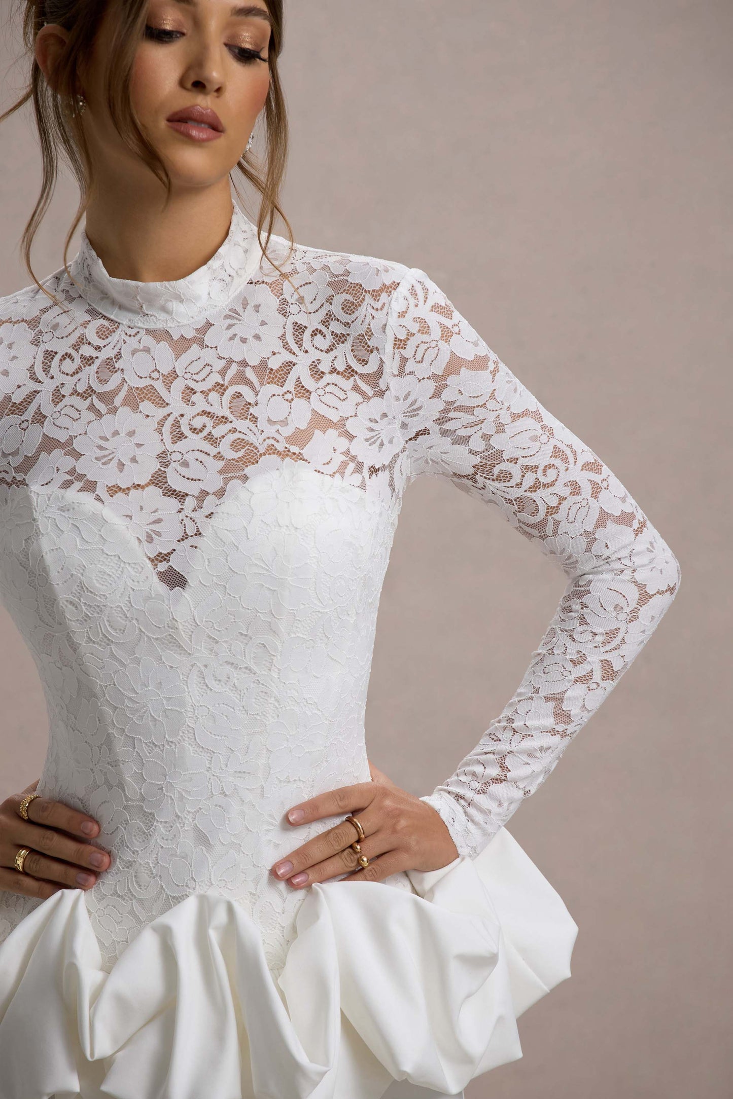 Antheia White Lace Long Sleeve Peplum Mini Dress