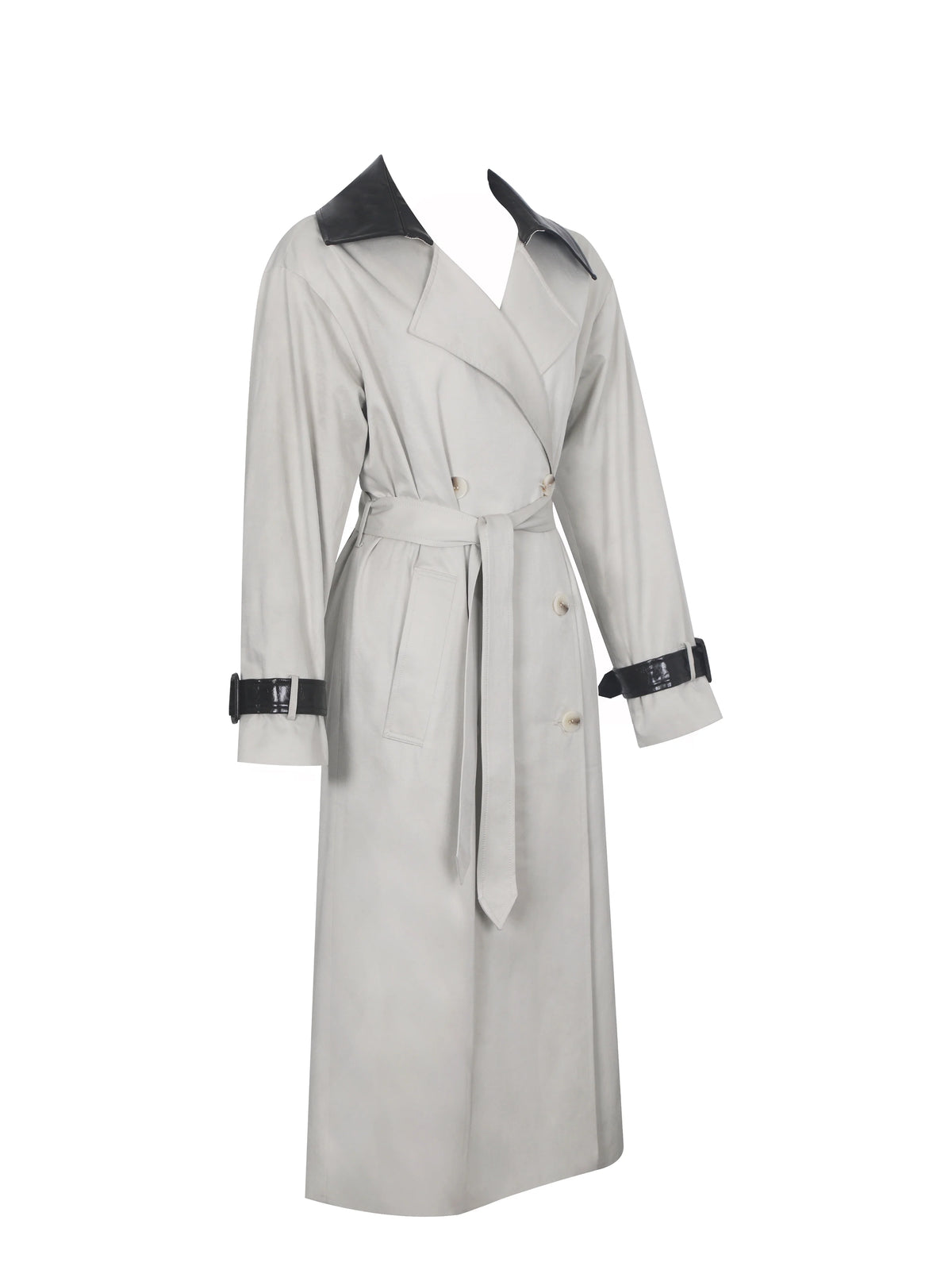 Umber Oyster Double Breasted Faux Leather Lapel Trench Coat