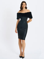 Bellis Black Fur Trim Mesh Panel Off Shoulder Midi Dress