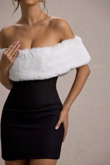 Little Luxe Black Bardot Mini Dress With White Fur Trim