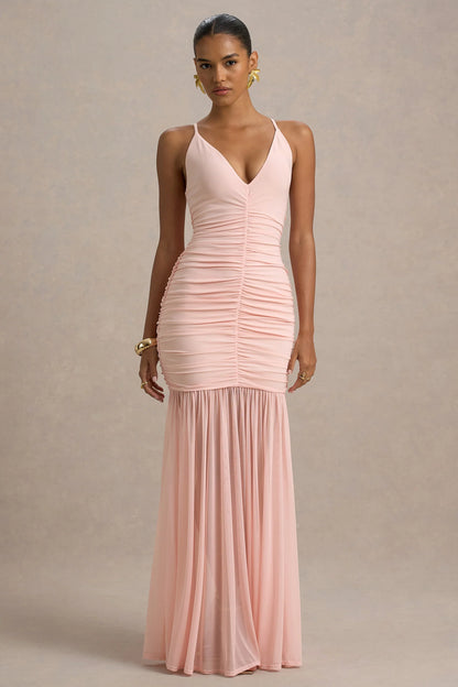 Pasqualina Pink Ruched Plunge Neck Maxi Dress