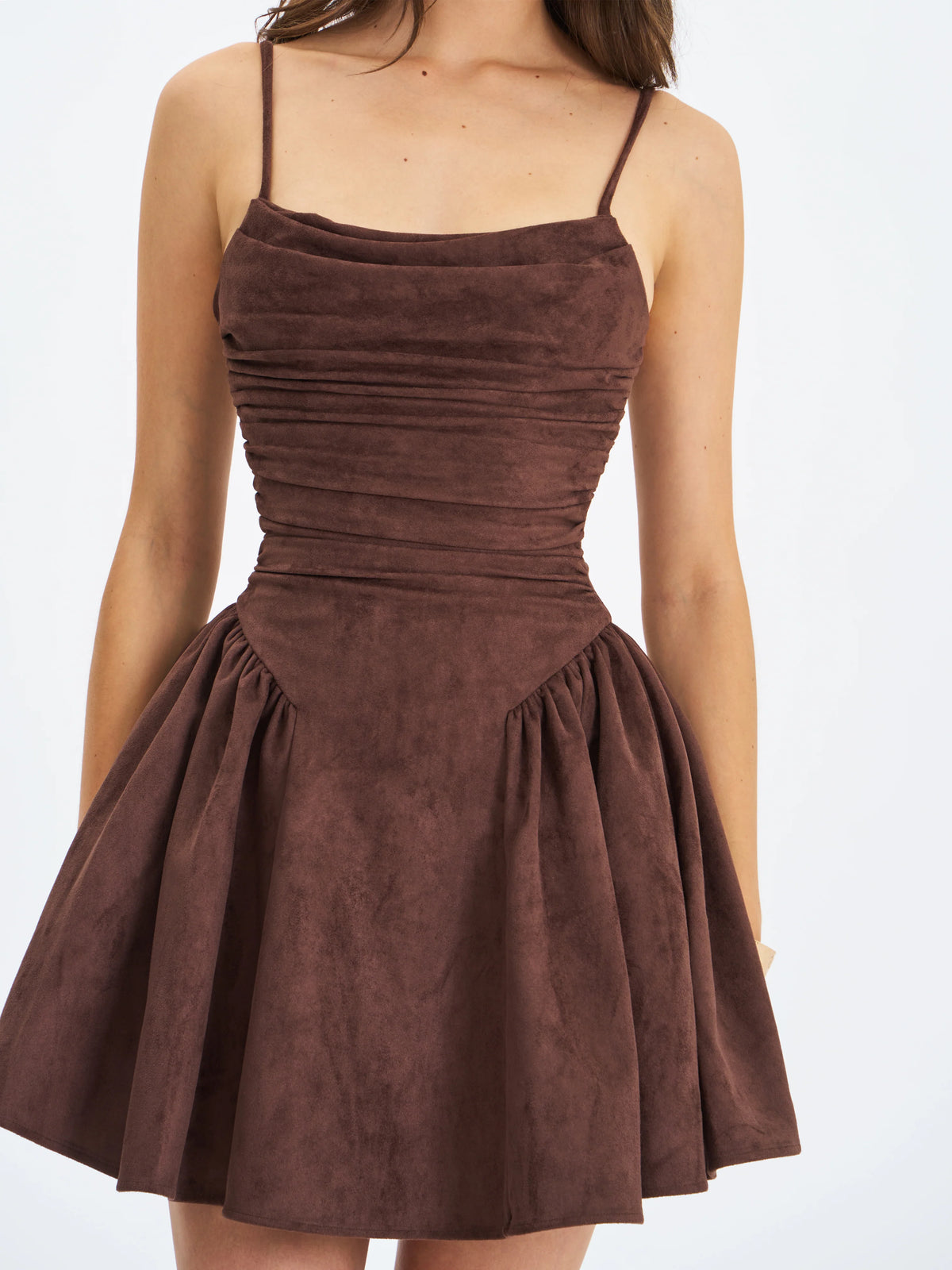 Raisa Mahogany Vegan Suede Ruched Mini Dress