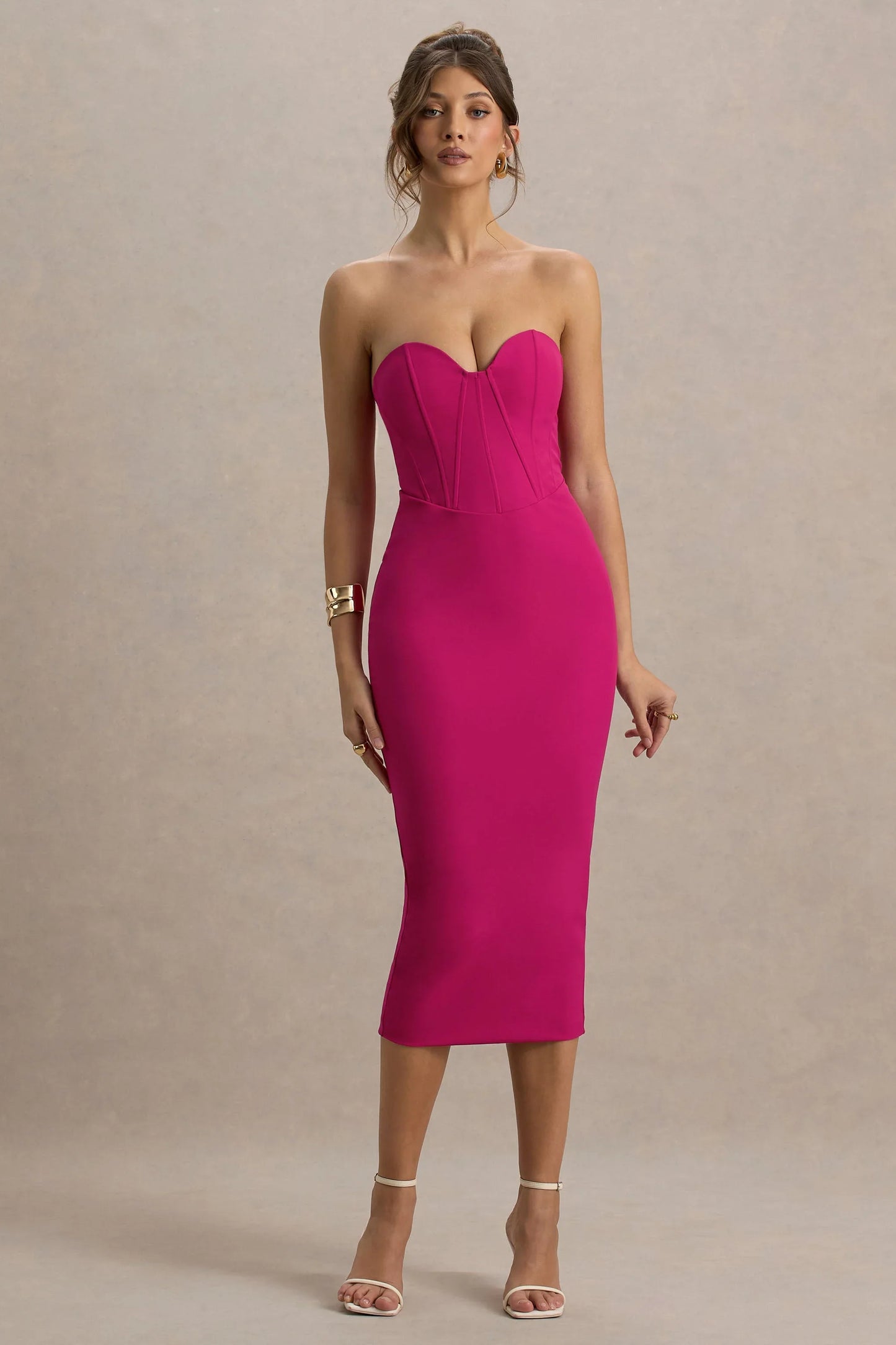 Nina Dark Pink Structured Strapless Corset Midi Dress