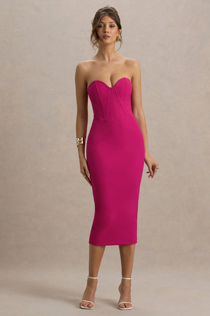Nina Dark Pink Structured Strapless Corset Midi Dress