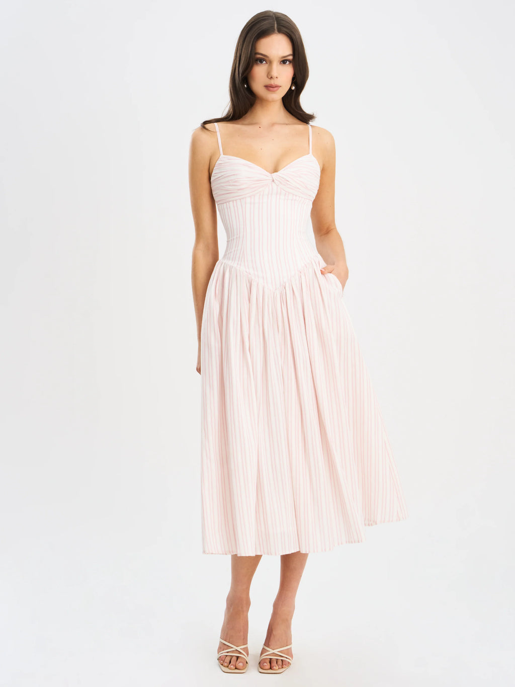 Zania Pink Stripe Cotton Jacquard Midi Dress