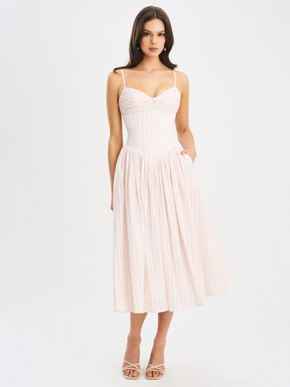 Zania Pink Stripe Cotton Jacquard Midi Dress