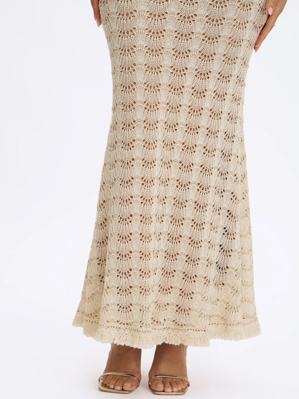 Xylona Beige Gold Crochet Teardrop Neckline Mermaid Maxi Dress