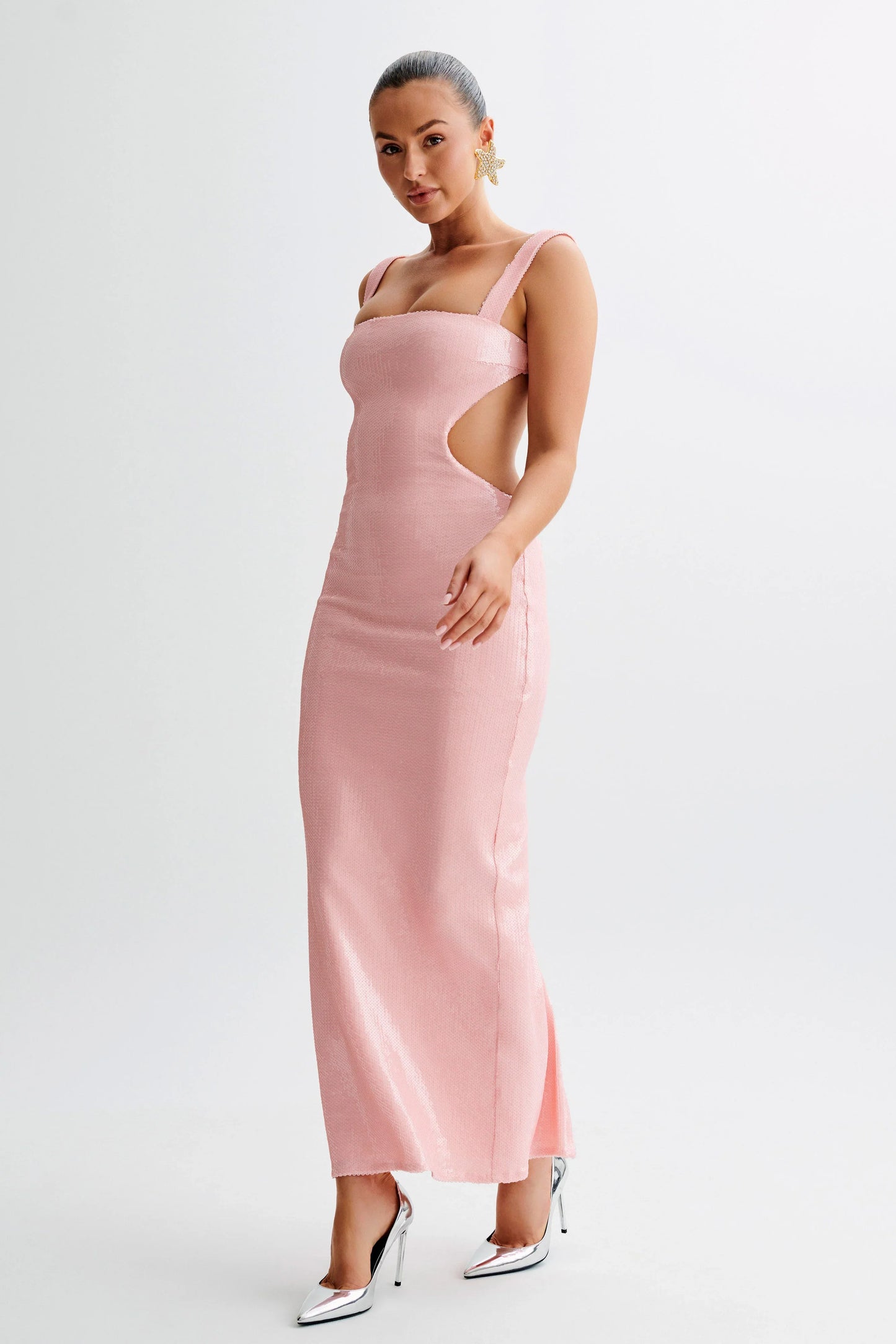 Adoria Sequin Cut Out Maxi Dress Pale Pink