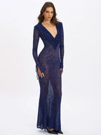 Ilyse Navy V Neck Plunge Animal Print Mermaid Hem Maxi Dress
