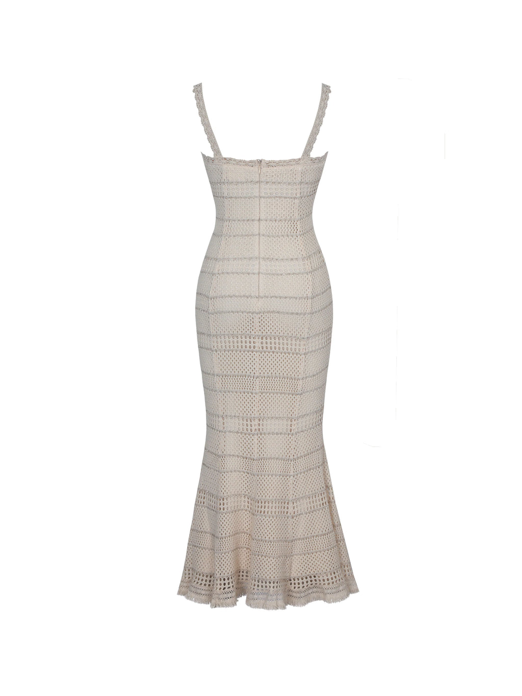 Xiomara Beige Gold Stripe Crochet Knit Mermaid Midi Dress