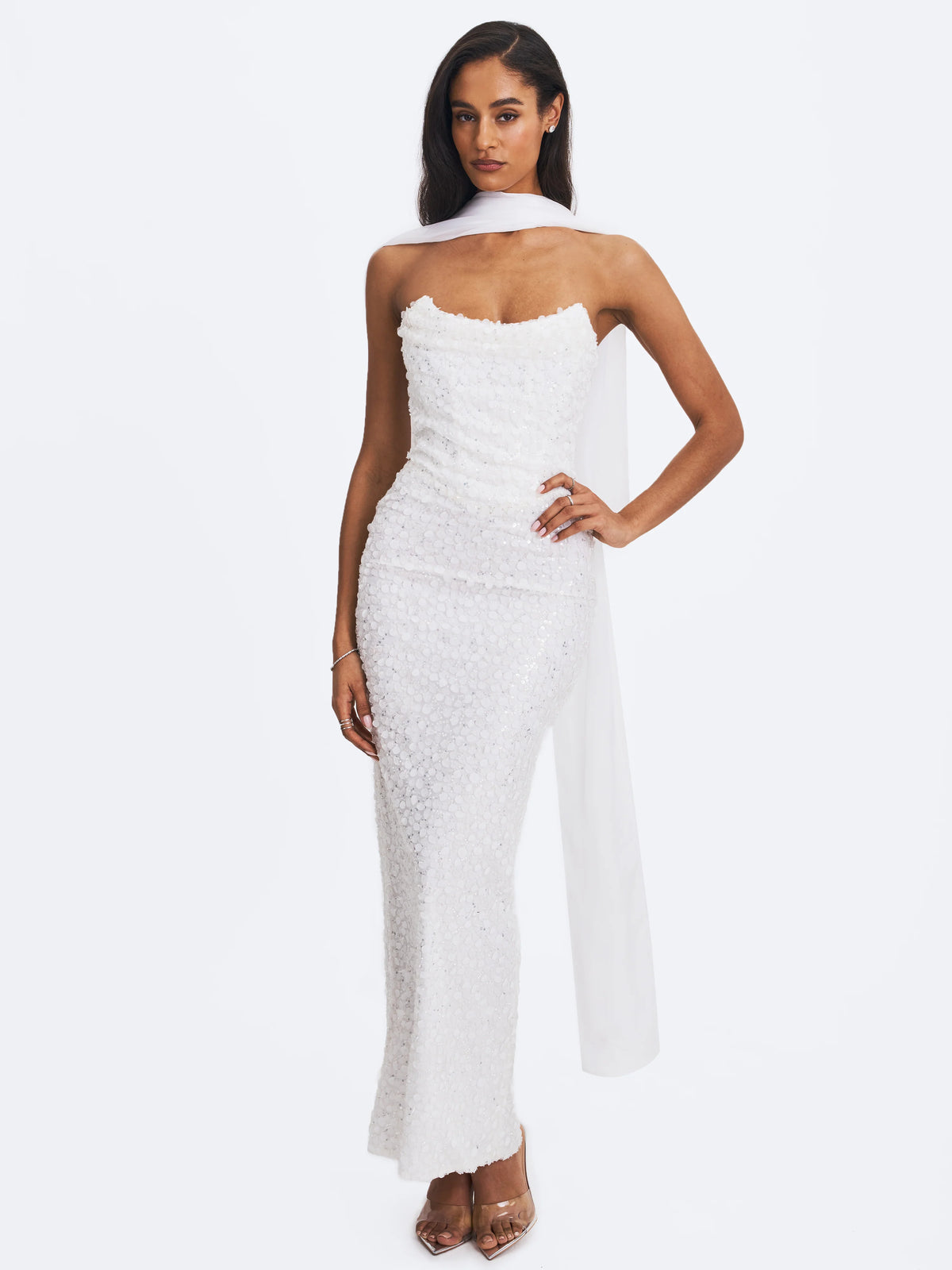 Myra White Beaded Mesh Strapless Wedding Dress