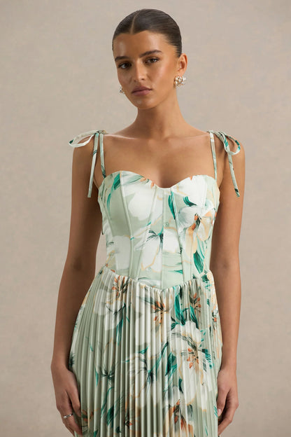 Peyton Green Floral Print Satin Sweetheart Neck Midi Dress With Pleated Details