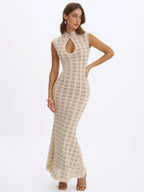 Xylona Beige Gold Crochet Teardrop Neckline Mermaid Maxi Dress