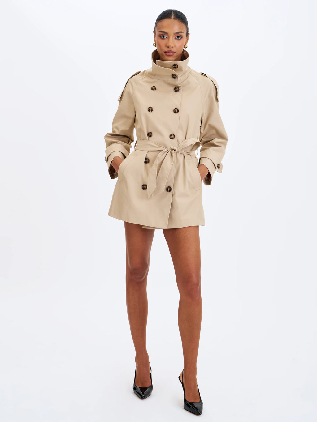 Vanetta Tan High Collar Double Breasted Trench Mini Coat