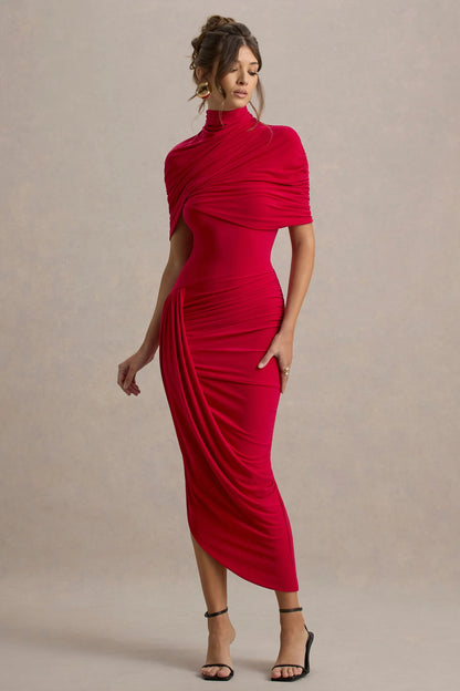 Enchant Red Asymmetric Twisted Cape Midi Dress