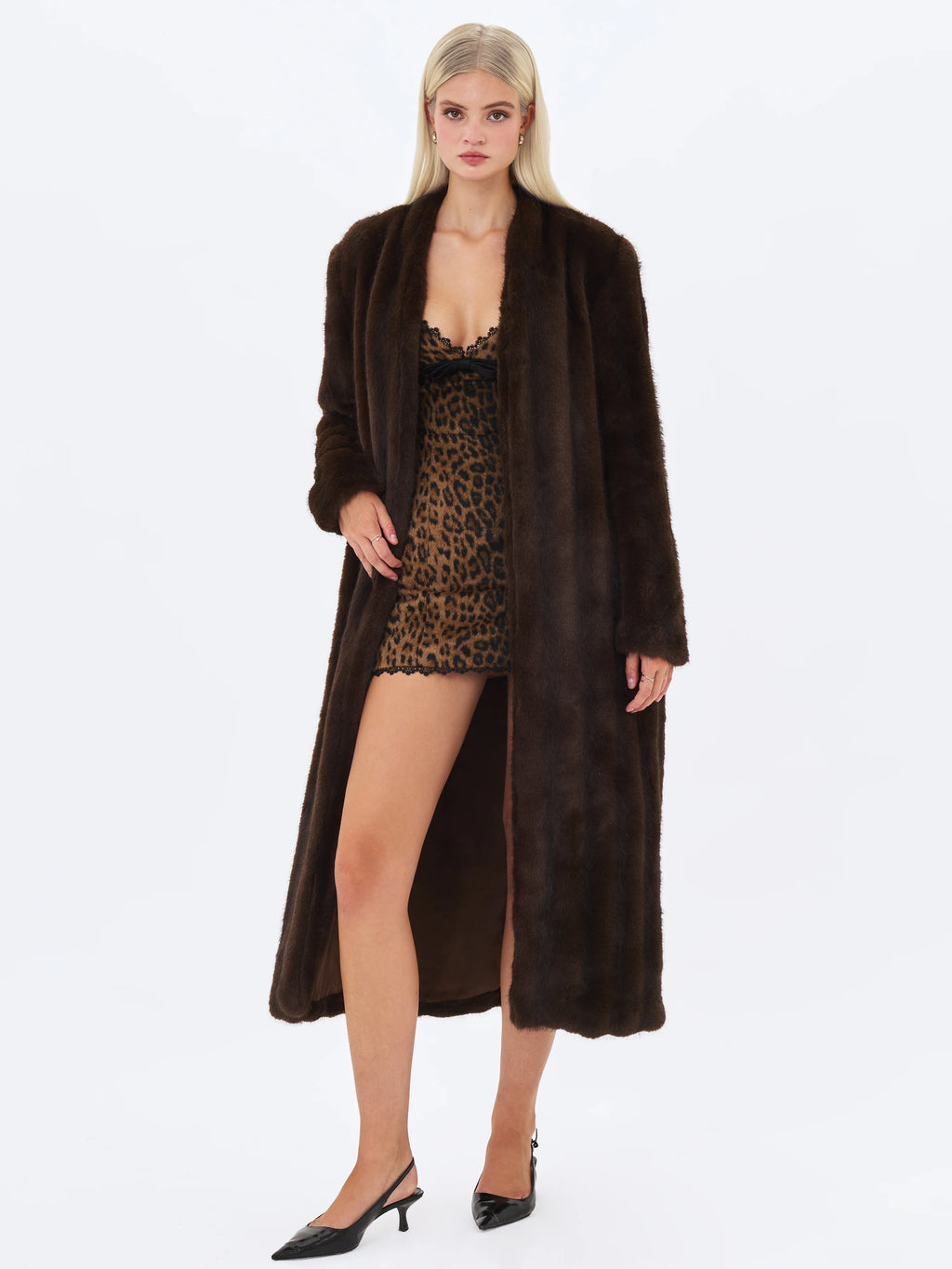 Celine Espresso Faux Mink Belted Longline Coat