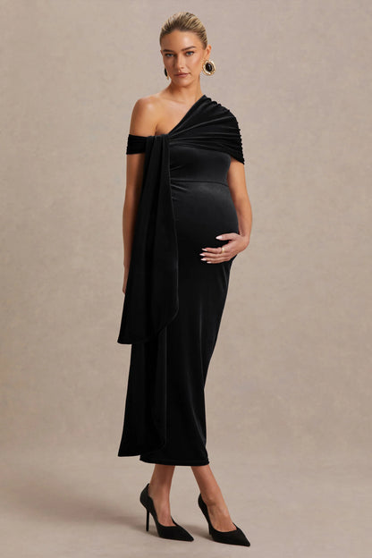 Zena Black Velvet Asymmetric Neck Maternity Midi Dress With Knot And Sash Detail