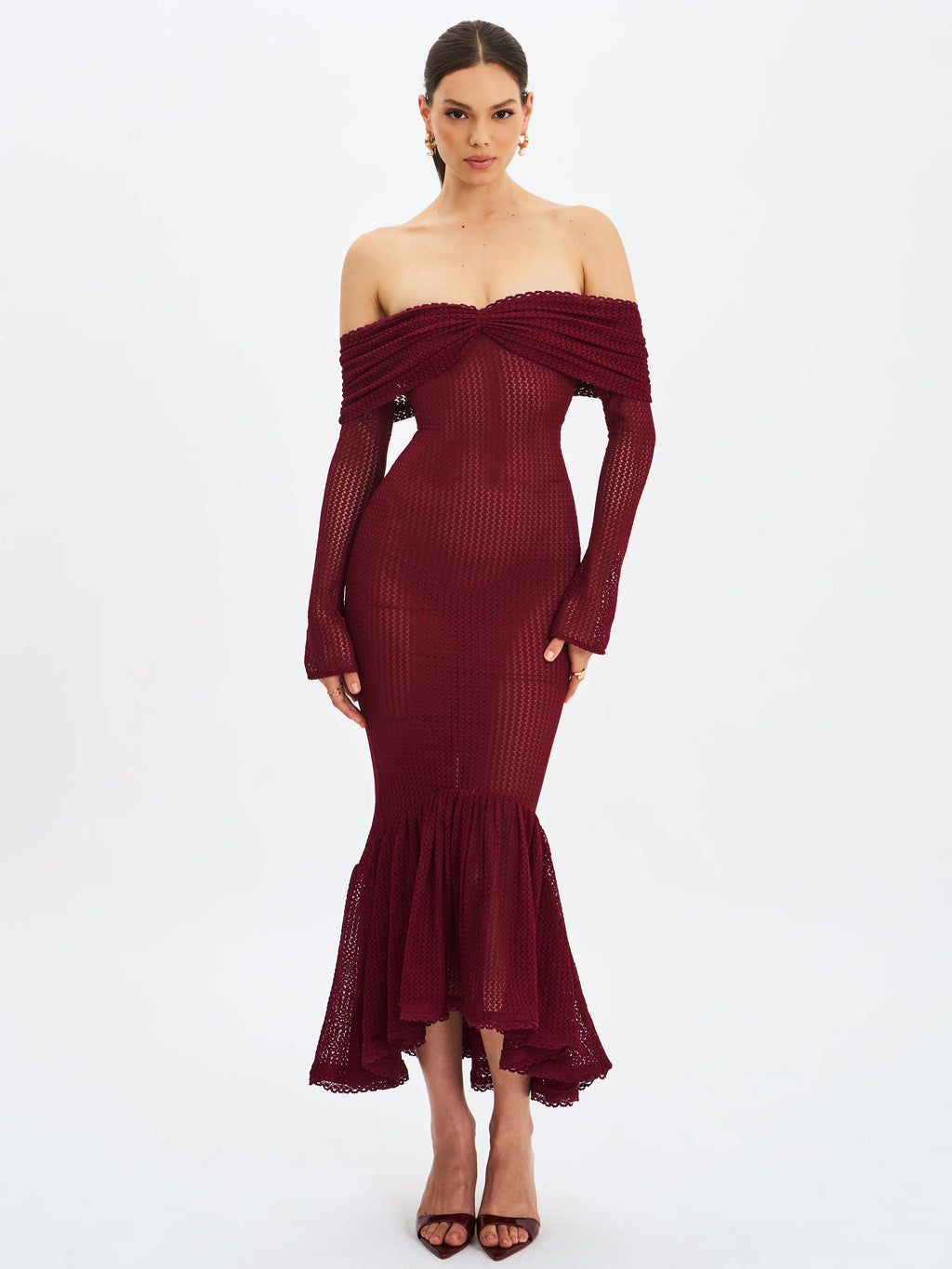 Kaedyn Burgundy Off Shoulder Long Sleeve Crochet Mermaid Maxi Dress