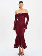 Kaedyn Burgundy Off Shoulder Long Sleeve Crochet Mermaid Maxi Dress
