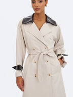 Umber Oyster Double Breasted Faux Leather Lapel Trench Coat
