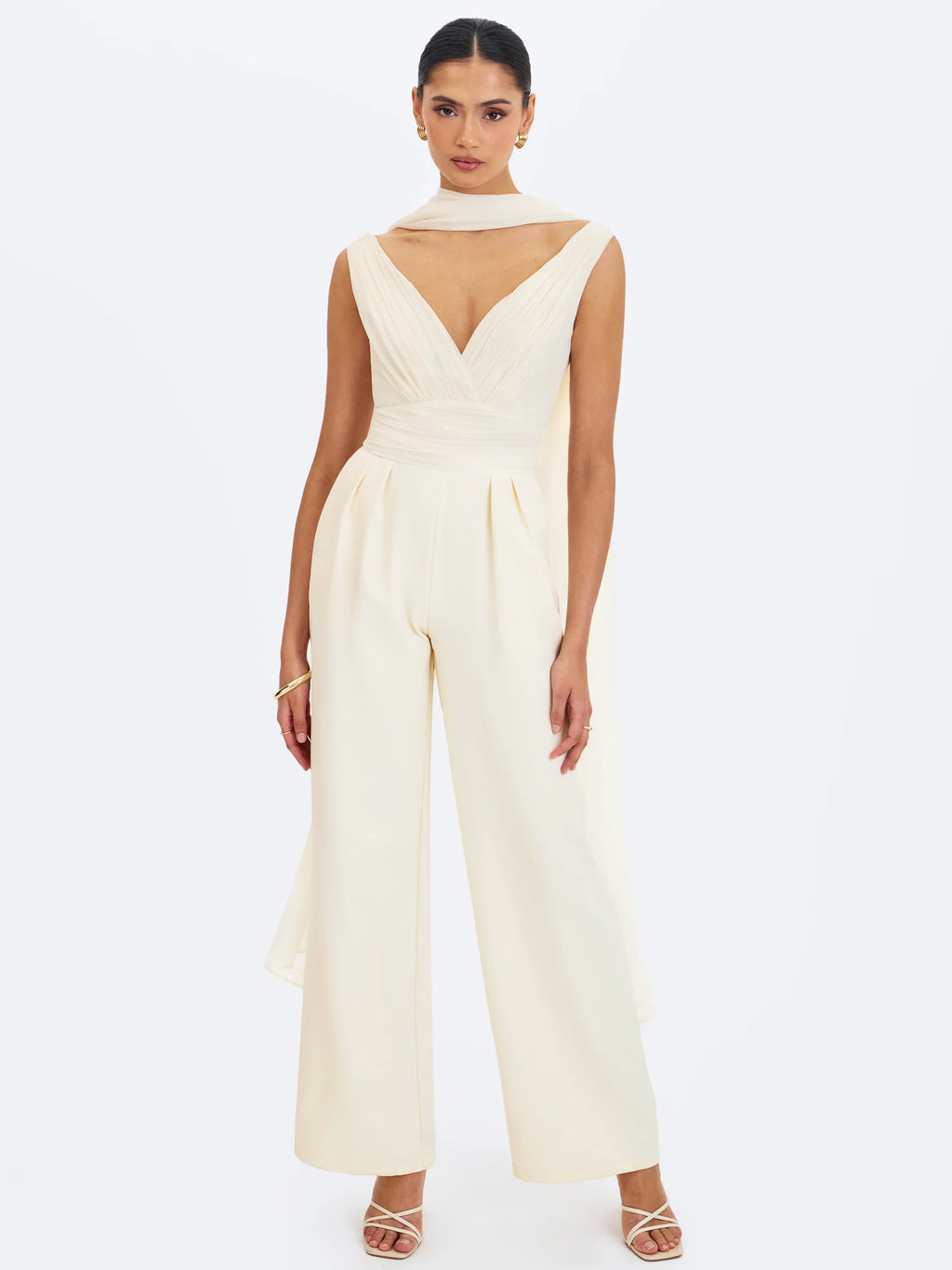 Harper Ivory Ruched V Neck Jumpsuit with Scarf