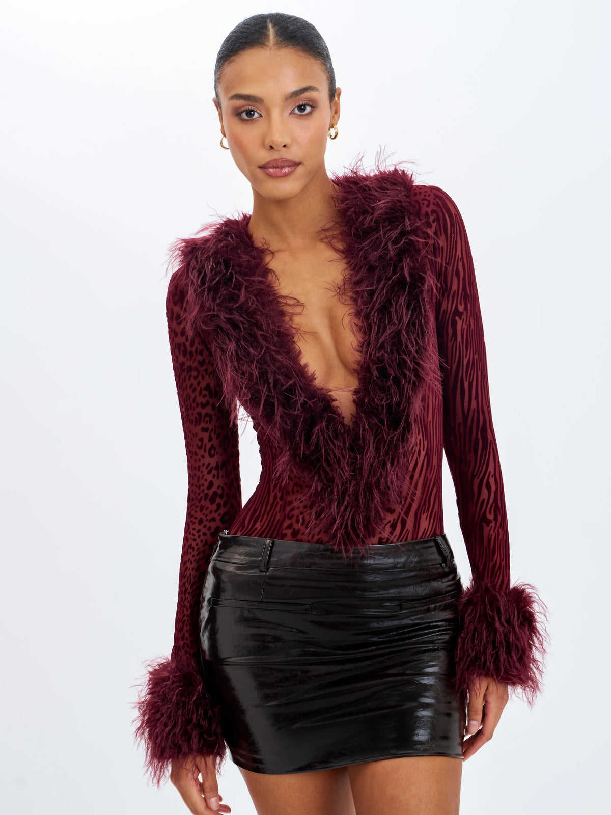 Valene Burgundy Burnout Velvet Fur Trim Bodysuit
