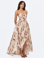 Micaela Camel Watercolor Jacquard Chiffon Dipped Hem Gown
