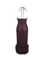 Pluma Maroon Halter Faux Fur Trimmed Midi Dress