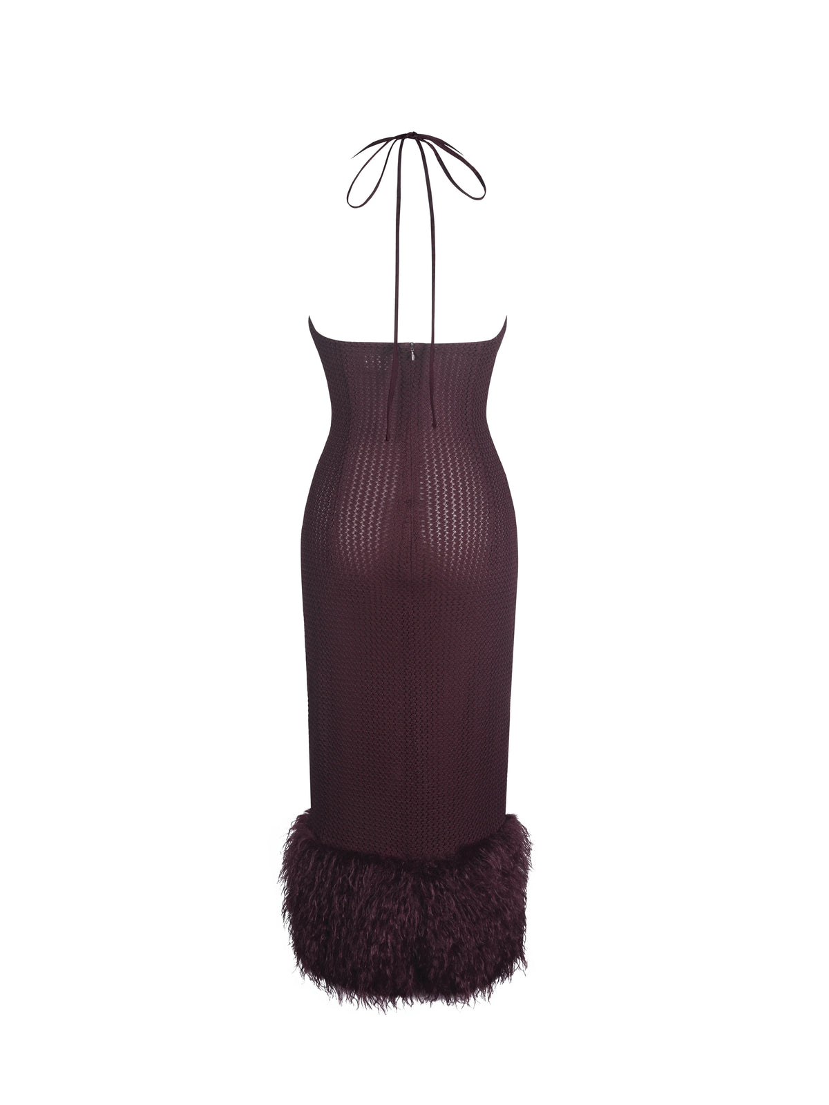 Pluma Maroon Halter Faux Fur Trimmed Midi Dress