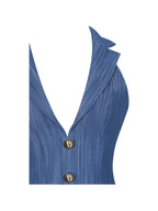 Xyan Navy Denim Lapel Halter A Line Midi Dress