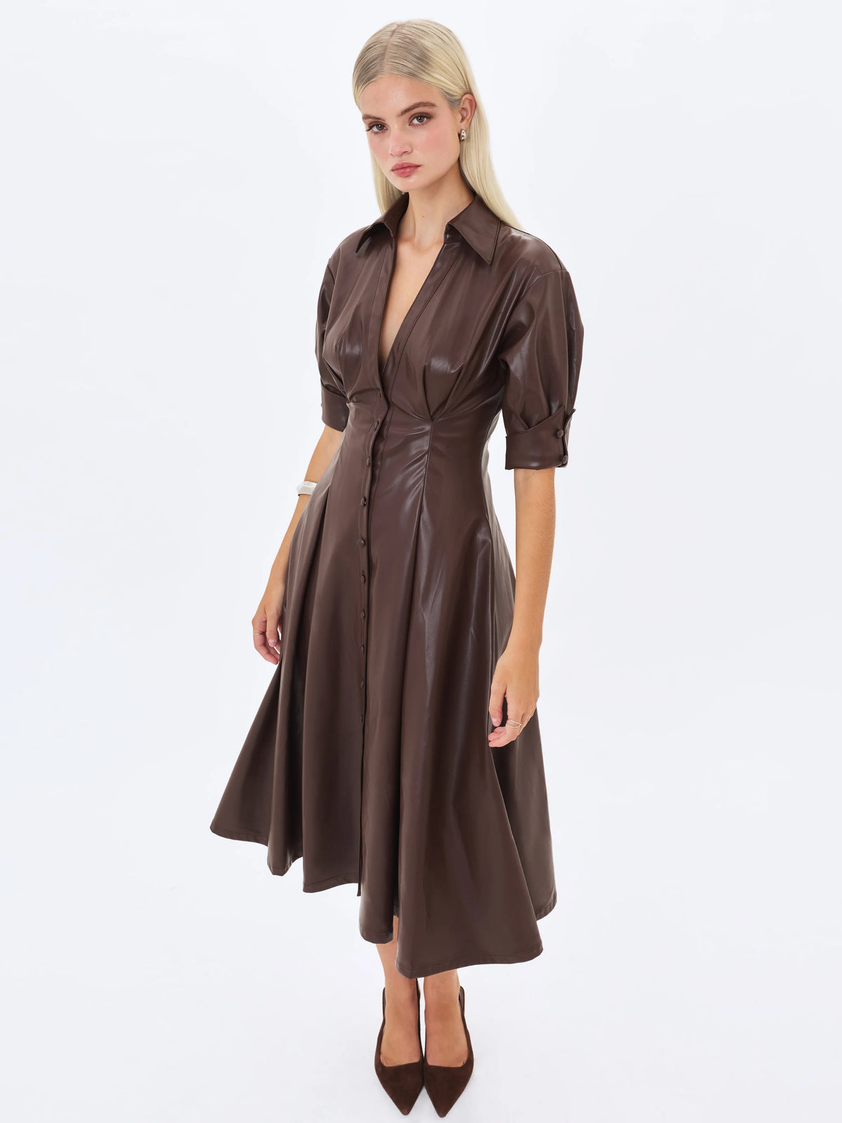 Vilda Espresso Brown Faux Leather Pleated Midi Dress