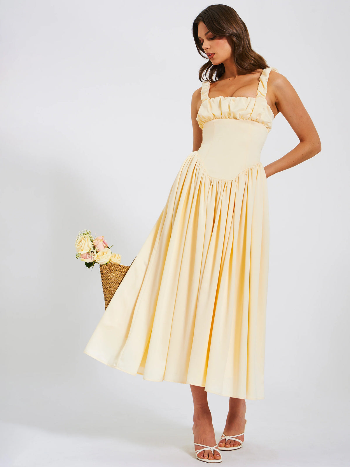 Noreen Egg White Satin Drop Waist Maxi Sundress Archive Sale