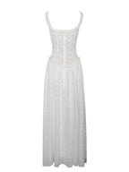Ulissa White Square Neck Jacquard Textured High Slit Maxi Dress