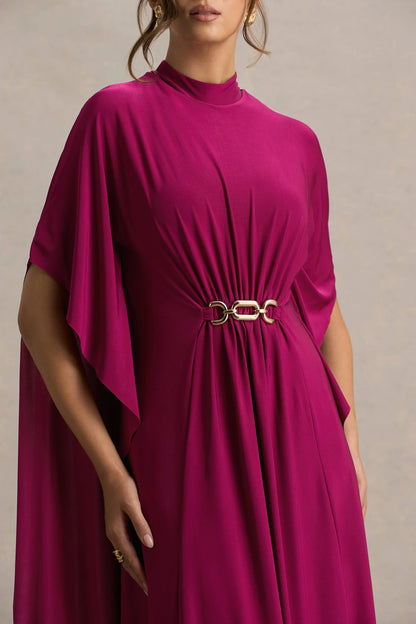 Olessia Burgundy Belted Gathered Cape Sleeve Maxi Dress