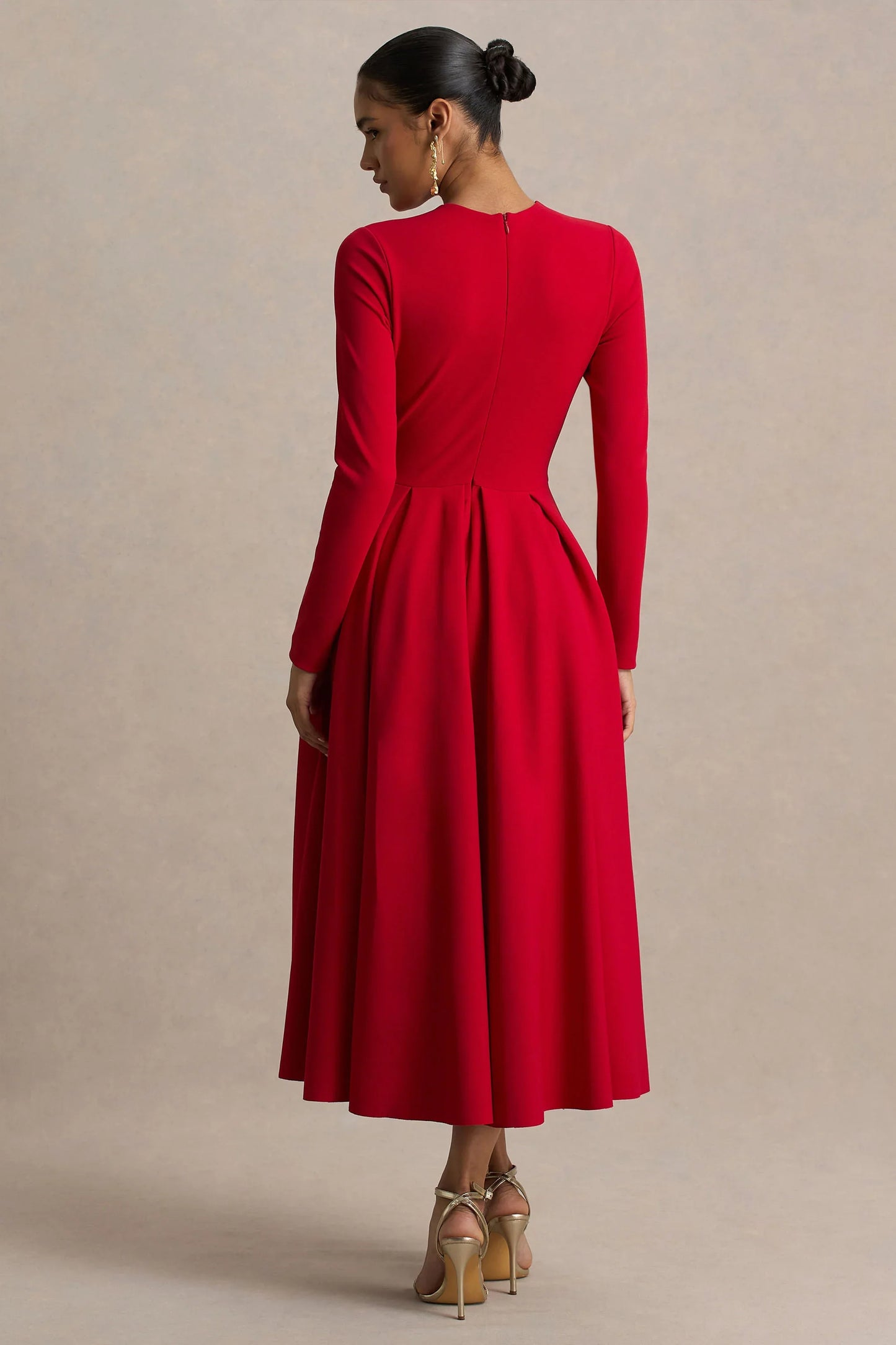 Bellamy Red Crew Neck Long Sleeve Midi Dress