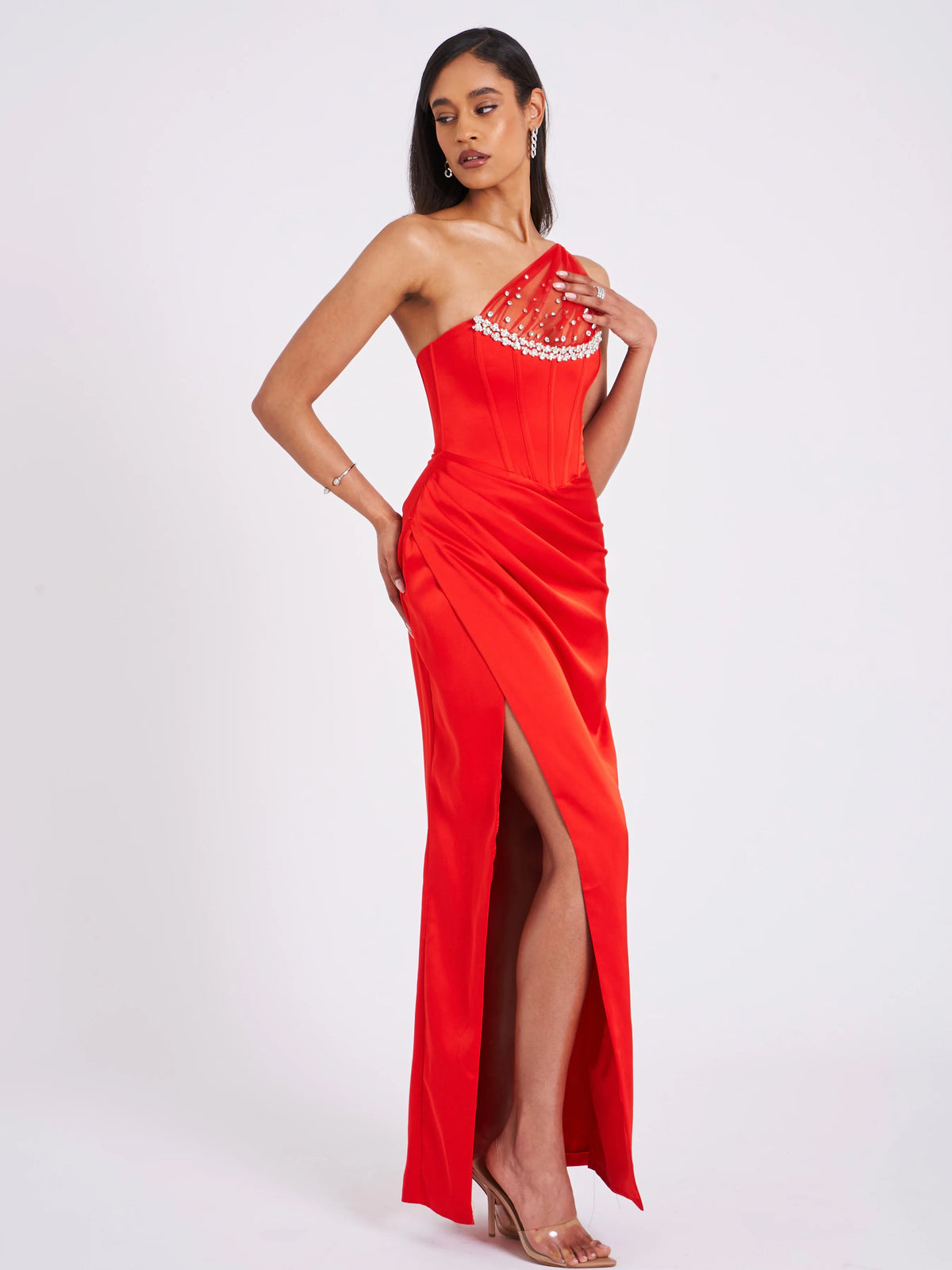 Lora Scarlet Crystal Embellished Mesh Satin Corset Gown Archive Sale