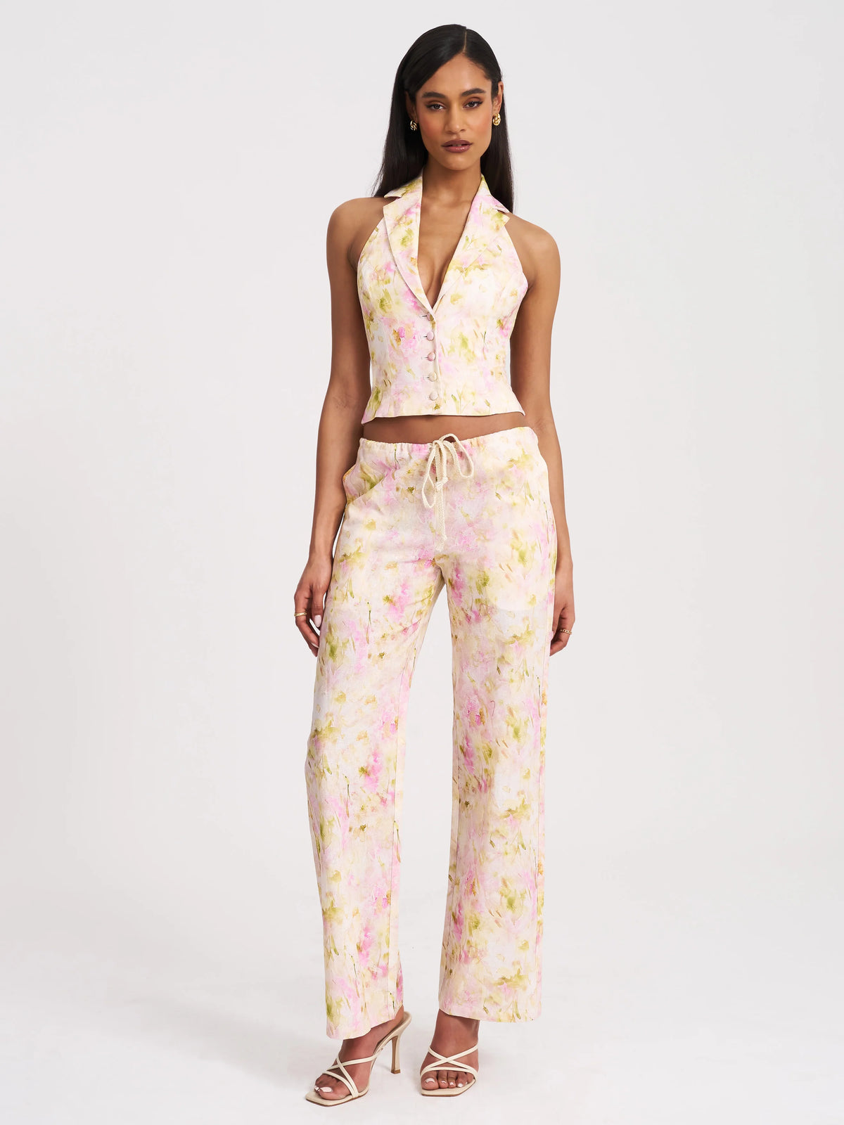 Lauren Pink Floral Print Ruched Back Linen Suit Vest