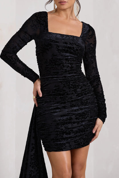 Crimson Cut Black Velvet Floral Long Sleeved Ruffled Bodycon Mini Dress