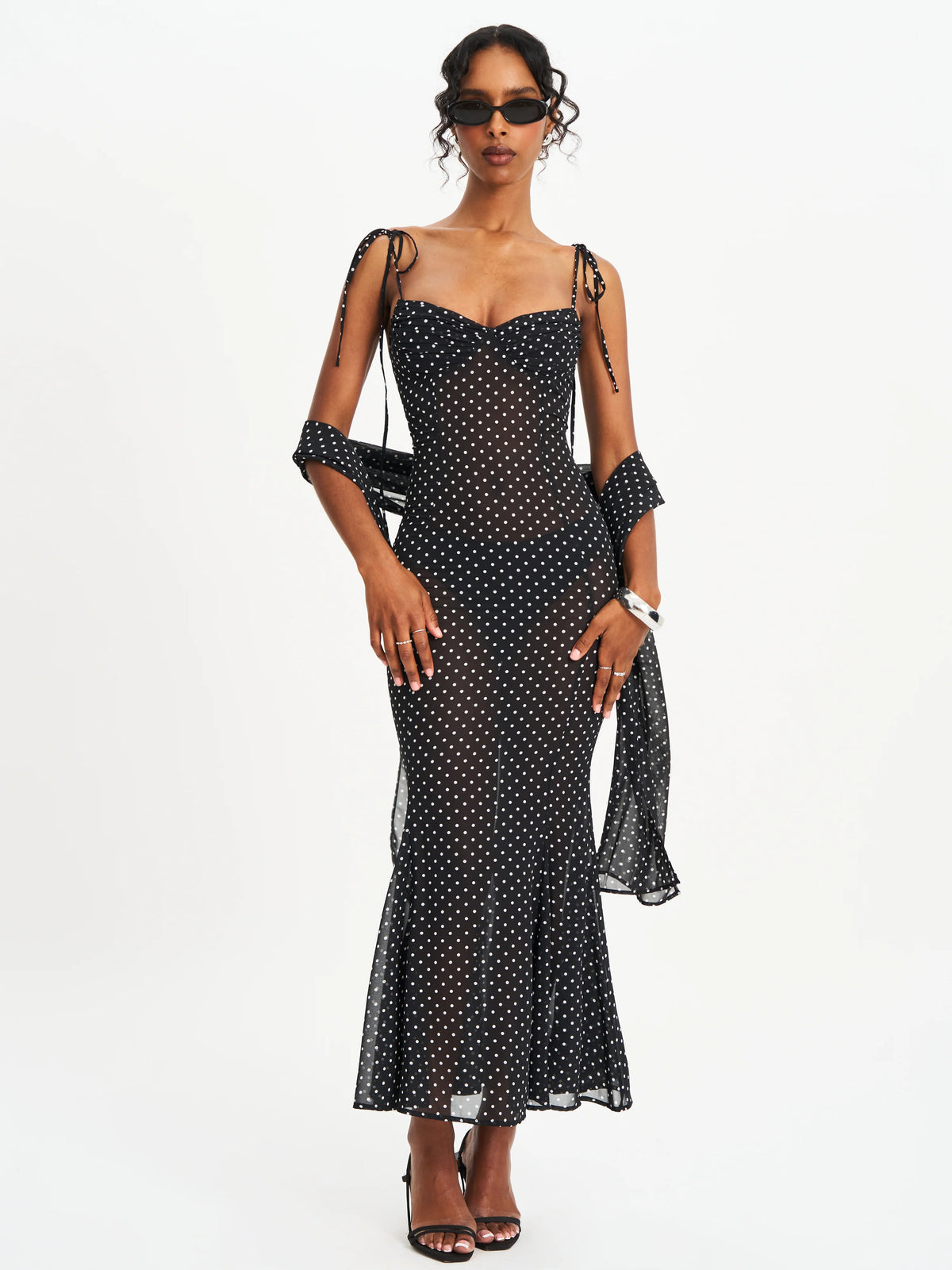 Yadira Black Base Polka Dot Chiffon Maxi Dress