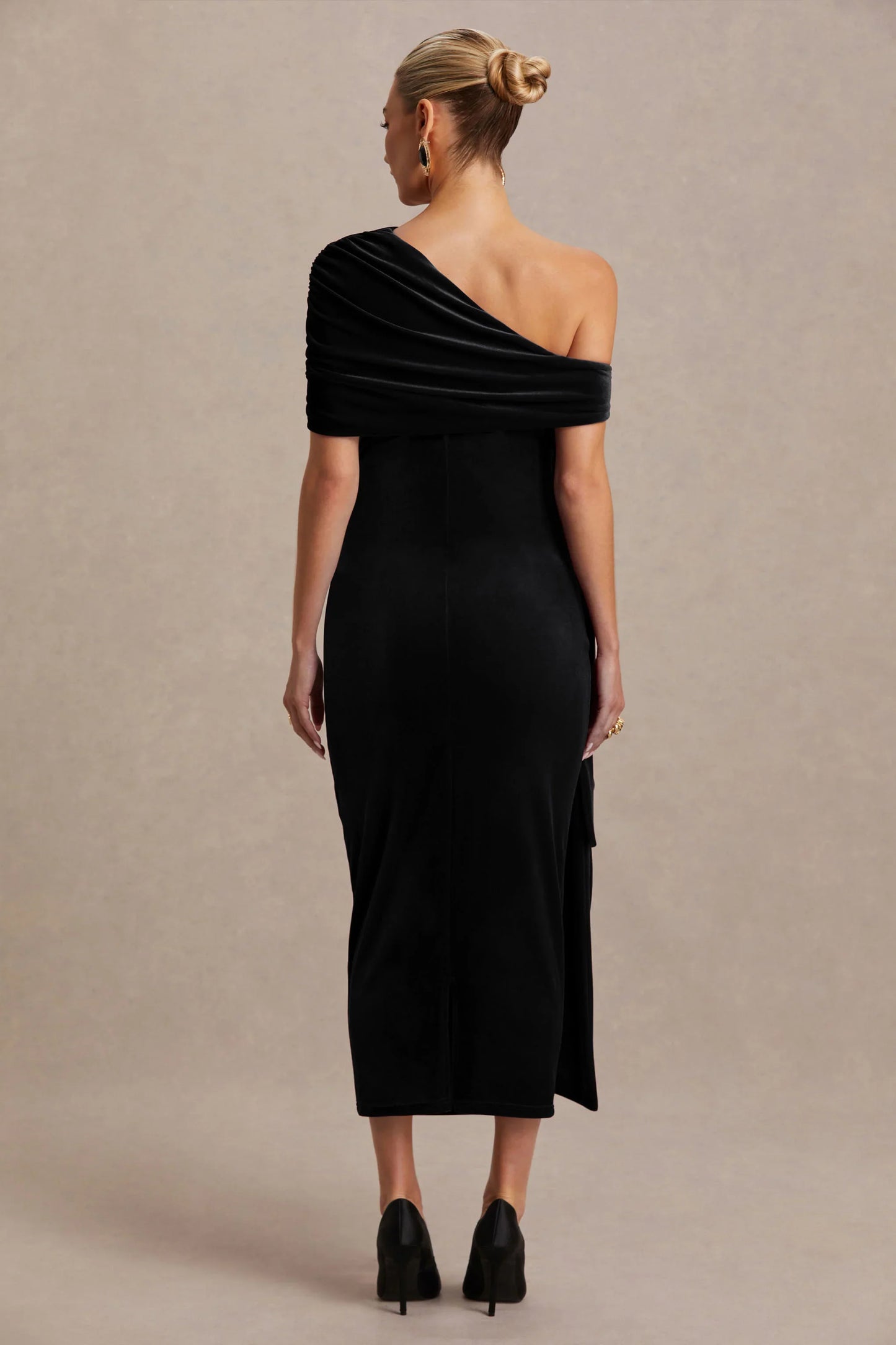 Zena Black Velvet Asymmetric Neck Maternity Midi Dress With Knot And Sash Detail