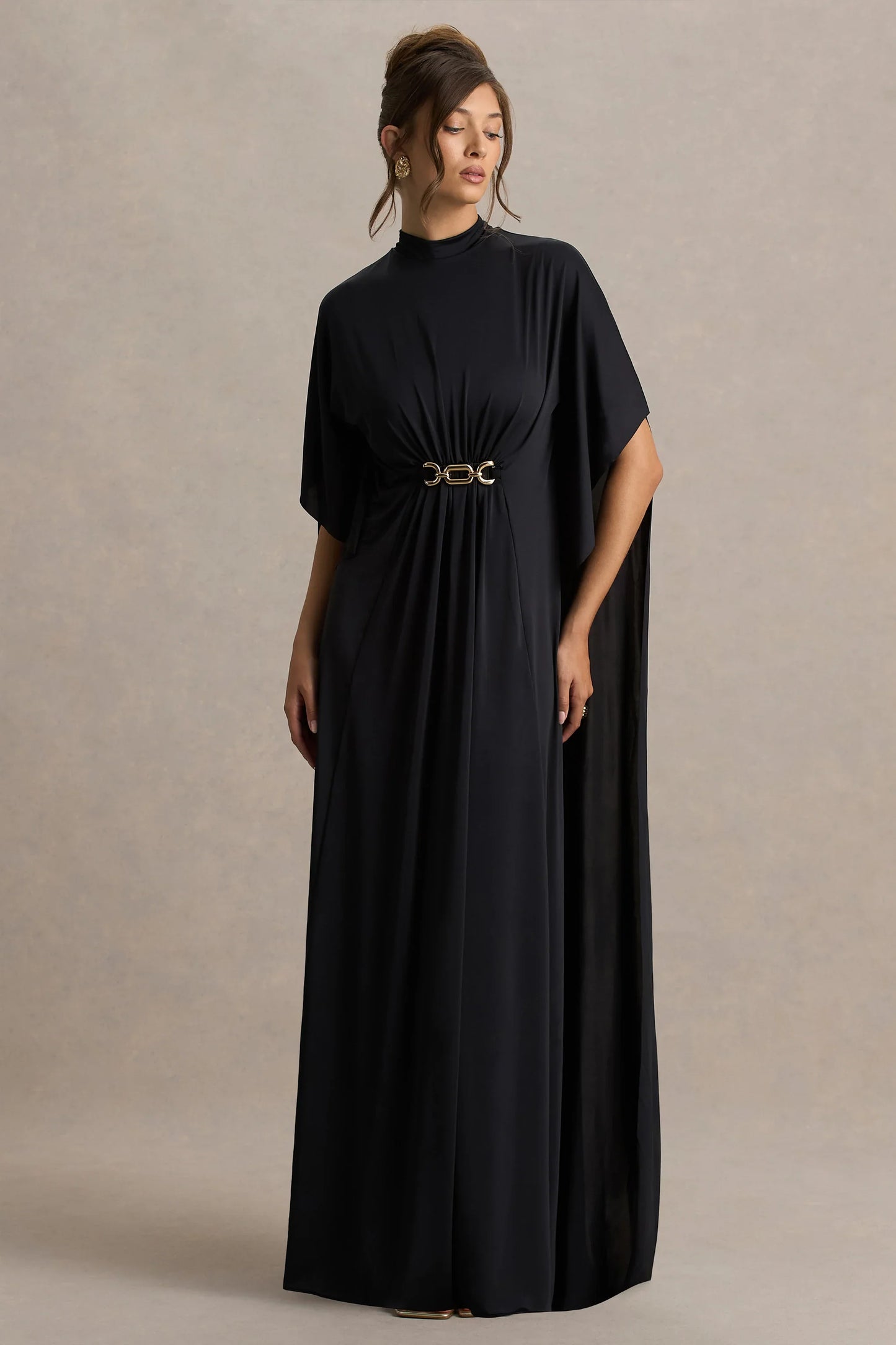 Olessia Black Belted Gathered Cape Sleeve Maxi Dress