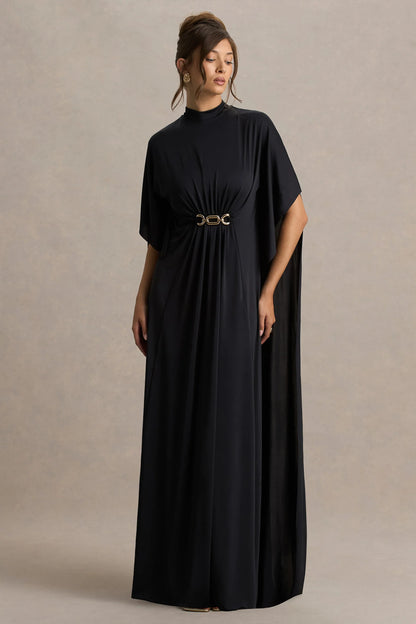 Olessia Black Belted Gathered Cape Sleeve Maxi Dress