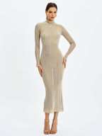 Shay Gold Stretch Knit Backless Long Sleeve Maxi Dress