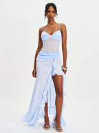 Lacy Blue Ruched Breast High Slit Chiffon Dress